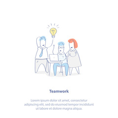 Teamwork. Team of three cute cartoon people are discussing a new idea. Isolated Vector Illustration teamwork concept in outline linear style.