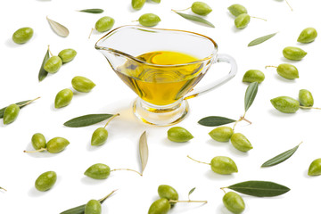 Olive oil and raw olives.