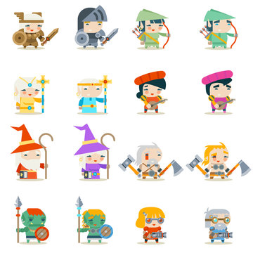 Male Female Fantasy RPG Game Character Vector Icons Set Vector Illustration
