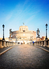 Naklejka na ściany i meble view of castle saint Angelo and brick bridge pavement, Rome, Italy, retro toned