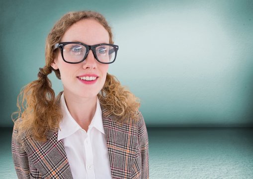 Close Up Of Nerd Woman In Green Room