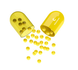 3d render of vitamin C pill with granules