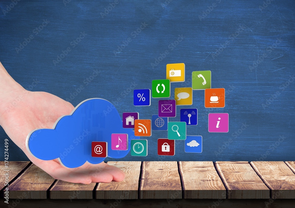 Aufkleber hand rest on a table with cloud over and application icons