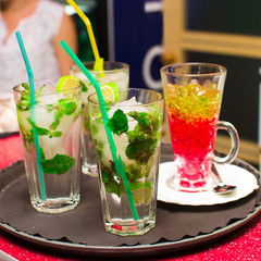 appetizing cocktails and jelly on a tray