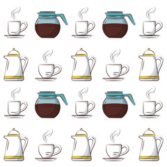 coffee kettle tea mug cup hot beverage pattern background image vector illustration design 