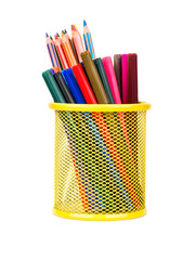 Pencil and markers in basket