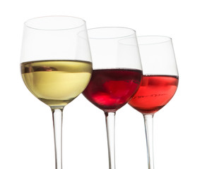 3 wine glasses, white, red, rose wine