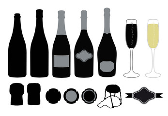 Graphic resource set for sparkling wine designs. Vector silhouettes