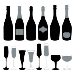 Set of silhouettes bottles and champagne glasses. Vector © Ografica