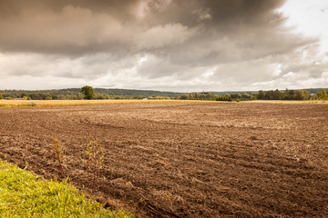 Arable land by the lake, Finland, tonning.Autumn view