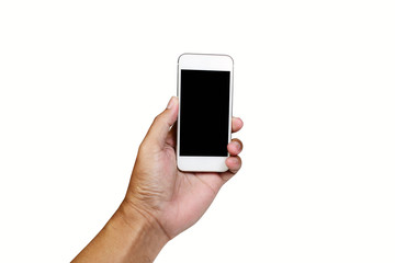 a man hand holding white mobile phone on white background isolated