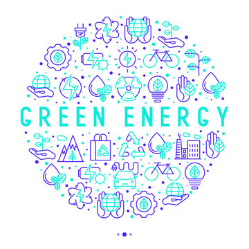 Ecology and green energy concept in circle with thin bicolor line icons for environmental, recycling, renewable energy, nature. Vector illustration for banner, web page, print media.