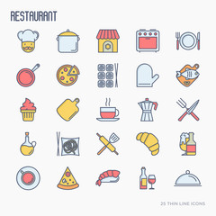 Restaurant thin line icons set: chef, kitchenware, food, beverages for menu or print media. Modern vector illustration.