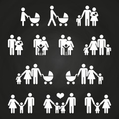Baby and parents outline icons design - white family pictograms