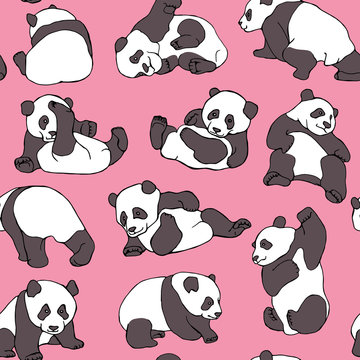 Seamless pattern with cartoon character asian bear (panda) on a pink background. Vector illustration.