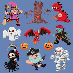 Vintage Halloween poster design with vector demon, witch, vampire, mummy, ghost, bat, pirate, reaper, monster character. 