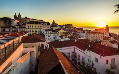 Sunrise view from Portas do Sol viewpoint in Alfama - Lisbon, Portugal