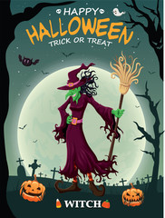 Vintage Halloween poster design with vector witch character. 