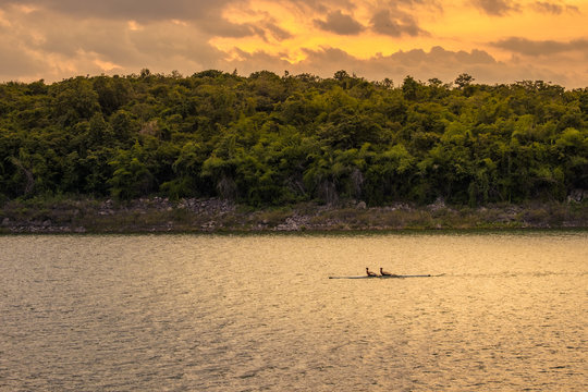 Sculling under sunset sky