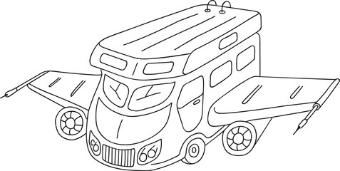 Hand drawn vector illustration rv camper motorhome concept, mobility vacation, traveling coloring page, logo template