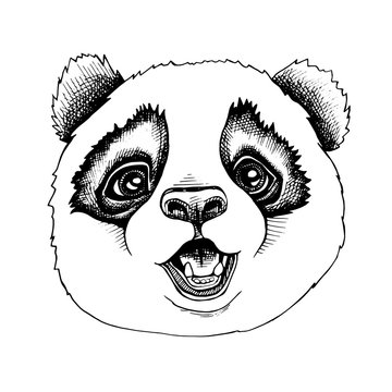 Panda child portrait. Vector black and white illustration.