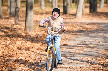 child boy riding on Bicycle in autumn Park, bright sunny day, fallen leaves on background
