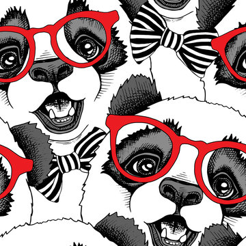 Seamless pattern with image of a Panda child in a red glasses with a tie. Vector illustration.