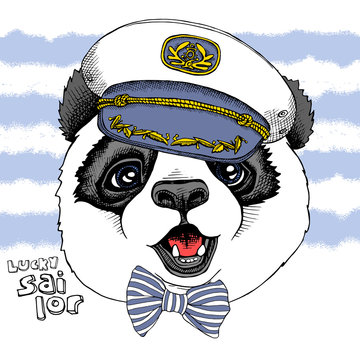 Panda child portrait in a sailor's cap on blue striped background.. Vector illustration.
