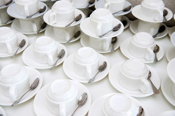 Group of empty coffee cups of white cup for service tea or coffee in breakfast or buffet and seminar event of catering and cocktail