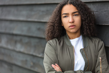 Sad Mixed Race African American Teenager Woman Green Bomber Jacket