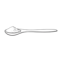 Black and white contour drawing, vector sketch cartoon hand drawn wooden bamboo spoon with mathca tea powder top view. Isolated illustration on a white background. Traditional tea ceremony attribute