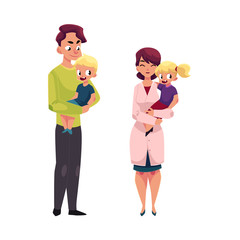 Woman doctor, pediatrician and young father holding little girl and boy, cartoon vector illustration isolated on white background. Cartoon doctor, pediatrician and young father - holding boy and girl