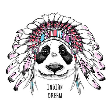 Panda portrait in a Indian Feather Headdress. Vector illustration.