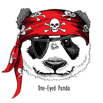 Panda portrait in a red pirate's bandana. Vector illustration.