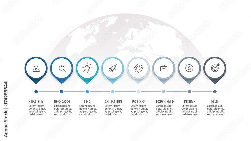 Wall mural Business process. Timeline infographics with 8 steps, options, arrows. Vector template.