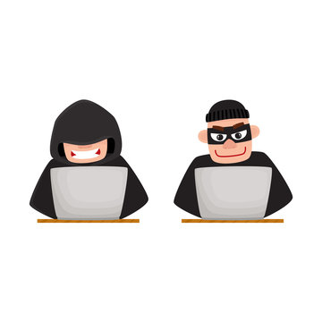 Two hackers, one in black hood, another wearing mask, using laptop for computer attack, cartoon vector illustration isolated on white background. Computer hacker in disguise working on laptop