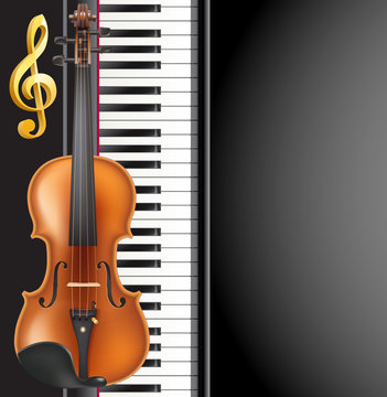 piano and violin realistic musical instruments, golden g clef and space for text. music design vector background