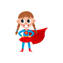 vector flat cartoon girl kid in fancy super woman costume with red cape smiling. Child female character. Isolated illustration on a white background. Daily routine concept