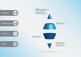 3D illustration infographic template with two spike cone horizontally divided to four blue slices