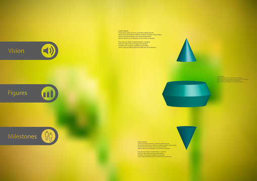 3D illustration infographic template with two spike cone horizontally divided to three green slices