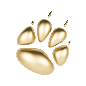 Golden paw print logotype or icon isolated on white background. Dog paw footprint logo 3d rendering. Year of Dog