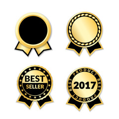 Ribbon awards best seller set. Gold ribbon award icons isolated white background. Bestseller golden tags sale label, badge, medal, guarantee quality product, certificate. Vector illustration