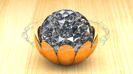 Jewelry decoration, Brilliant With Golden Petals, Plexus Connections, 3D Rendering