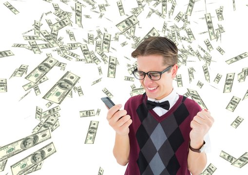 texting money. Young friki man celebrating with phone on the