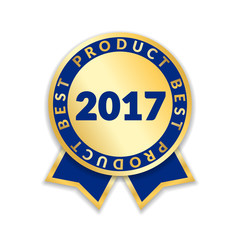 Ribbon award best product of year 2017. Gold ribbon award icon isolated white background. Best product golden label for prize, badge, medal, guarantee quality product Vector illustration
