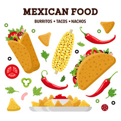 Mexican food set. Burrito, taco, nacho. Colorful vector illustration, cute style, isolated on white background