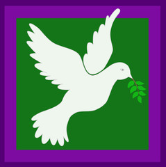 Witte duif met tak uit het verhaal van Noach op een achtergrond van kerkelijke kleuren.