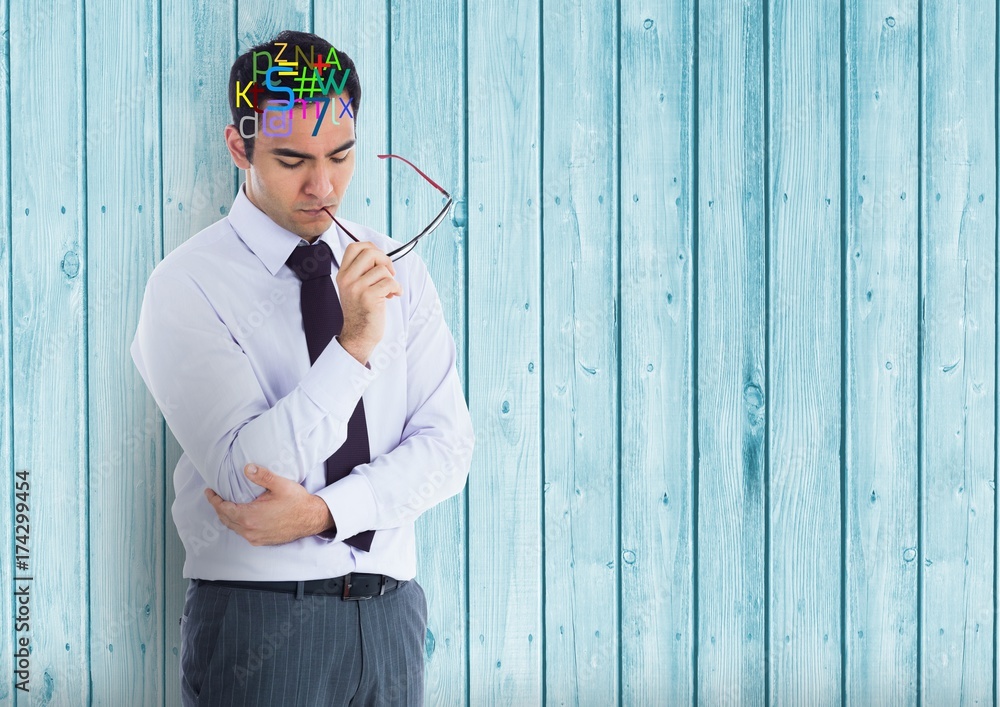Poster man thinking with colour letters on head