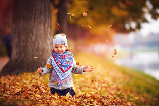 adorable happy baby girl having fun in fallen leaves, playing in the autumn park