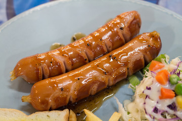 Grilled sausage with sauce and Fresh salad and French fries